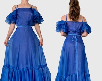 Vintage 70s Prom Dress, 1970s Blue Ruffle Formal Gown