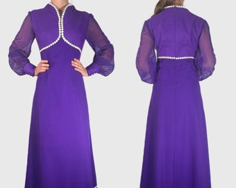 Vintage 70s Purple Dress, 1970s Empire Waist White Daisy Maxi Dress