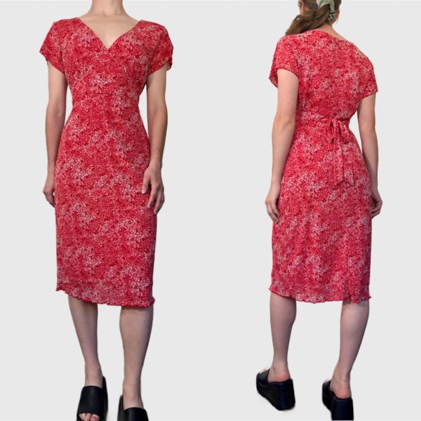 Vintage 90s Red Dress, 1990s Floral Ruffle Midi Summer Dress