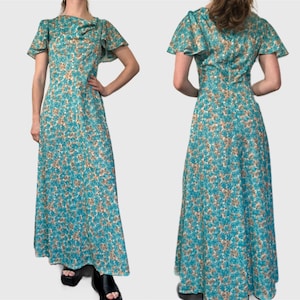 Vintage 70s Blue Dress, 1970s Green Floral Butterfly Sleeve Maxi Dress