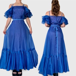 robe de bal vintage des années 70, robe formelle à volants bleu des années 1970 image 1