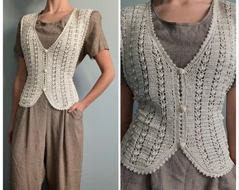 Vintage 80s Beige Jumpsuit w/ Beaded Vest