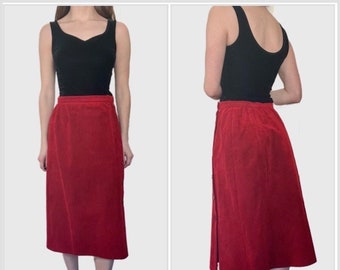 Vintage 80s Red Skirt, 1980s Faux Suede Midi Skirt