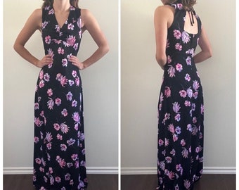 Vintage 70s Black Dress, 1970s Black Floral Maxi Dress