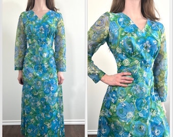 Vintage 70s Blue Dress, 1970s Green Blue Floral Maxi Dress