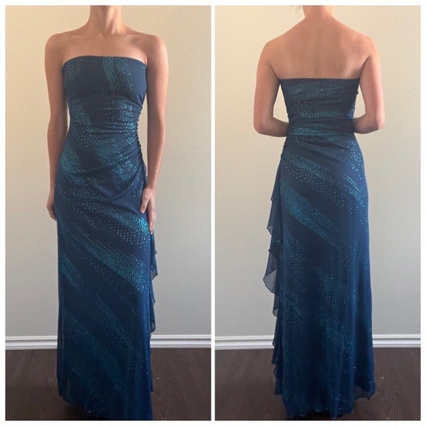 Vintage Y2K Prom Dress, 00s Blue Sparkly Strapless Formal Gown