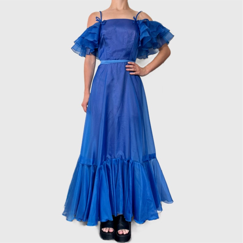 Vintage 70s Prom Dress, 1970s Blue Ruffle Formal Gown zdjęcie 3