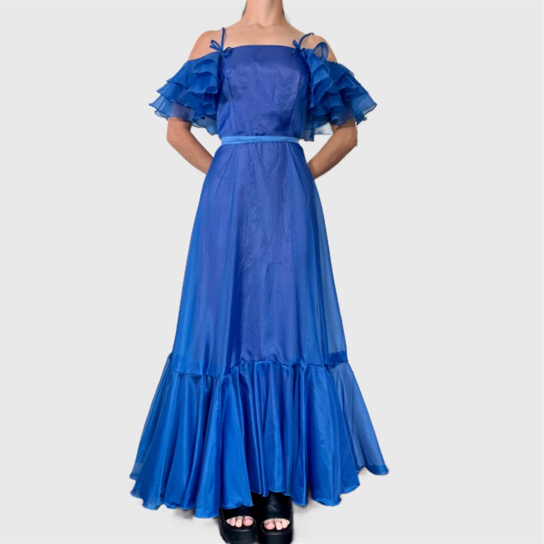 Vintage 70s Prom Dress, 1970s Blue Ruffle Formal Gown zdjęcie 4