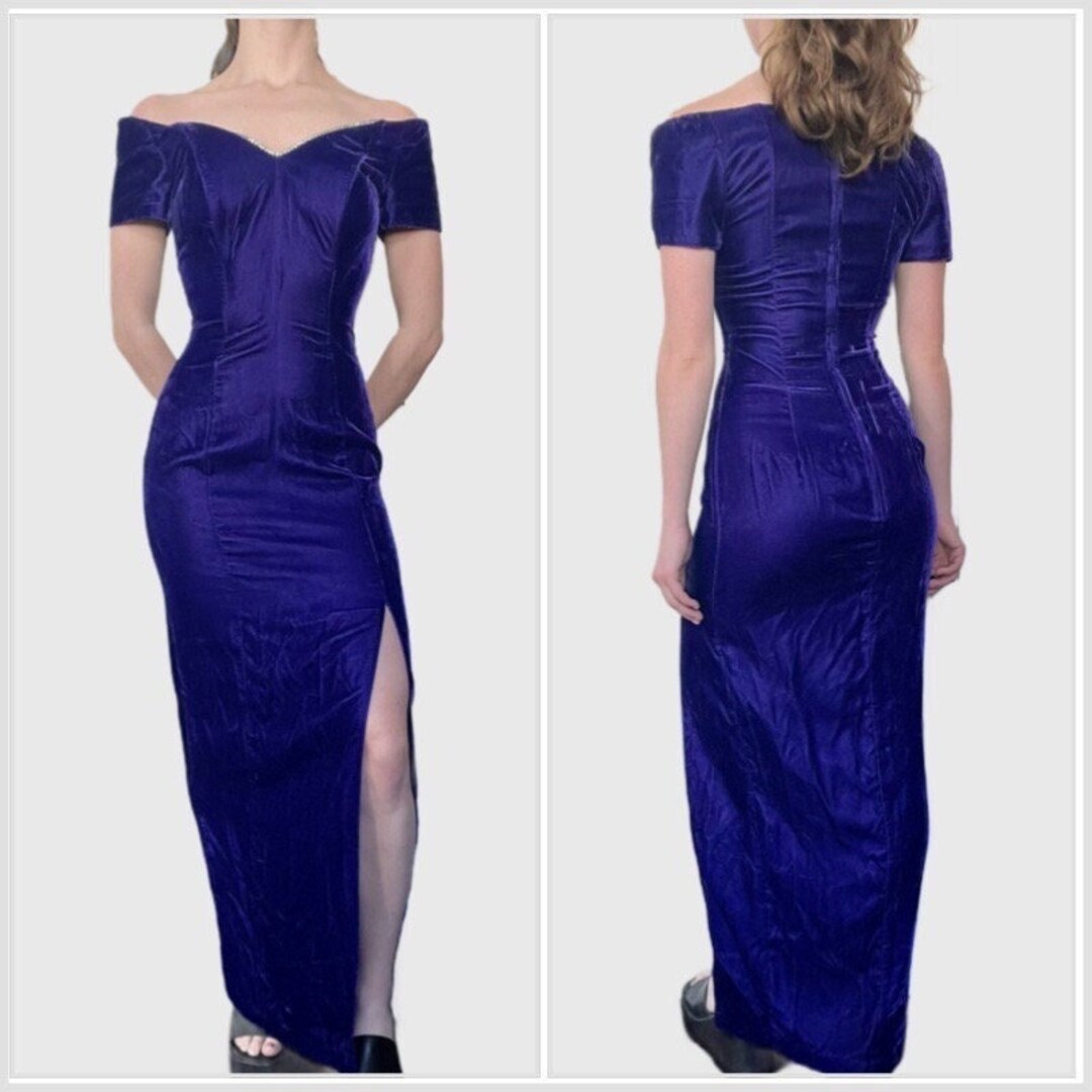 Vintage 80s Velvet Dress, 1980s Purple Crushed Velour Formal