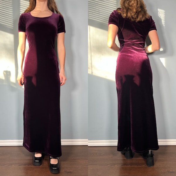 Vintage 90s Velvet Dress, 1990s Purple Velour Maxi Formal Dress