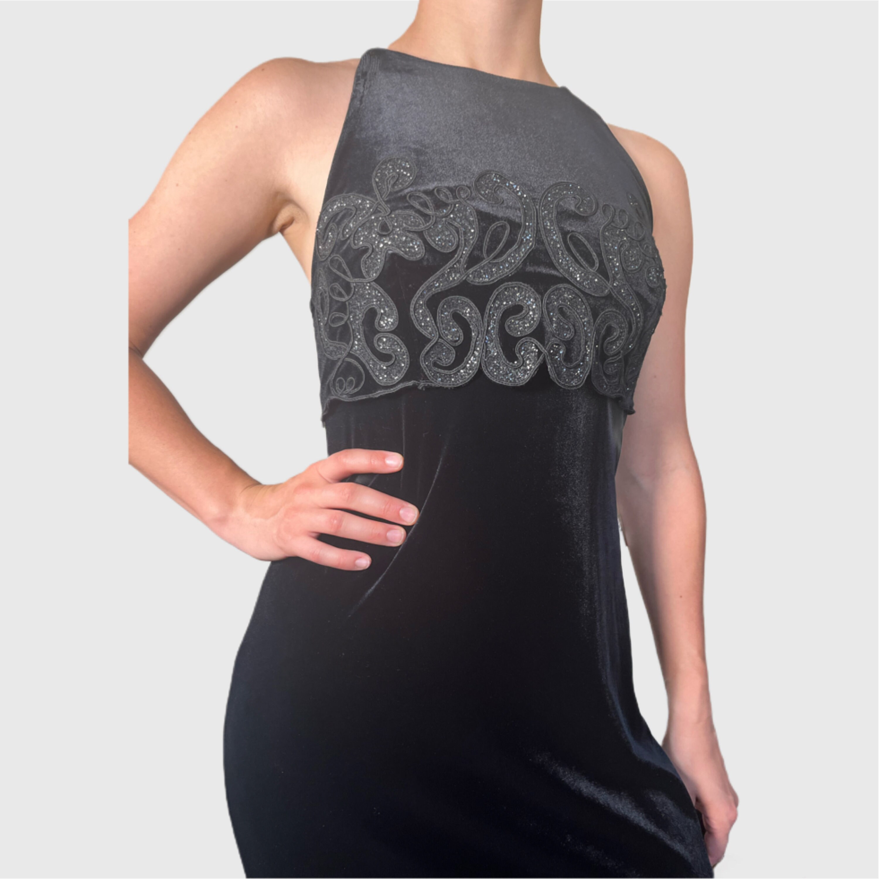 strapless open back dress Y2k Niki Livas Gunmetal Velvet Bead Detail Formal Dress Nwt