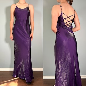 Vintage 90er Kleid, 1990er Jahre Lila irisierendes Rosen Korsett Whimsigoth Slip Kleid