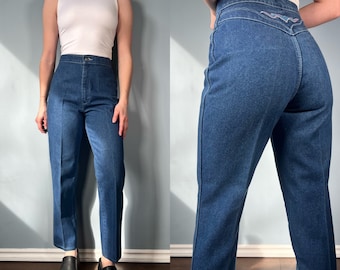 Vintage 80s Blue Jeans, 1980s Blue Denim High Waisted Western Straight Leg Pants