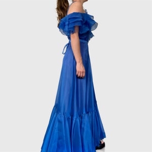 Vintage 70s Prom Dress, 1970s Blue Ruffle Formal Gown zdjęcie 7