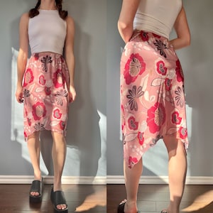 Vintage Y2K Floral Skirt, 00s Pink White Asymmetrical Fairy Summer Floral Skirt
