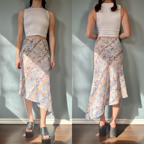 Vintage Y2K Floral Skirt, 00s Pink Blue Striped Asymmetrical Summer Skirt