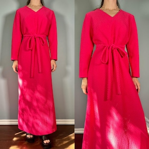 Vintage 70s Maxi Dress, 1970s Hot Pink Summer Long Sleeve Belted Dress