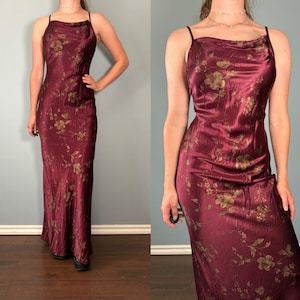 Vintage 90s Slip Dress, 1990s Red Burgundy Floral Summer Maxi Dress