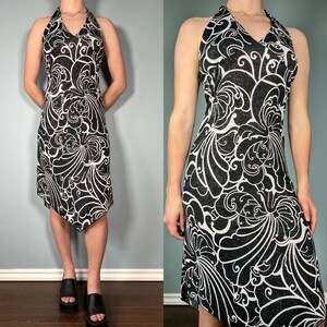 Vintage Y2K Paisley Dress, 00s Black White Sparkly Halter Tie Asymmetrical Dress