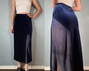 Vintage 90s Velvet Skirt, 1990s Dark Blue Velour Whimsigoth Maxi Skirt