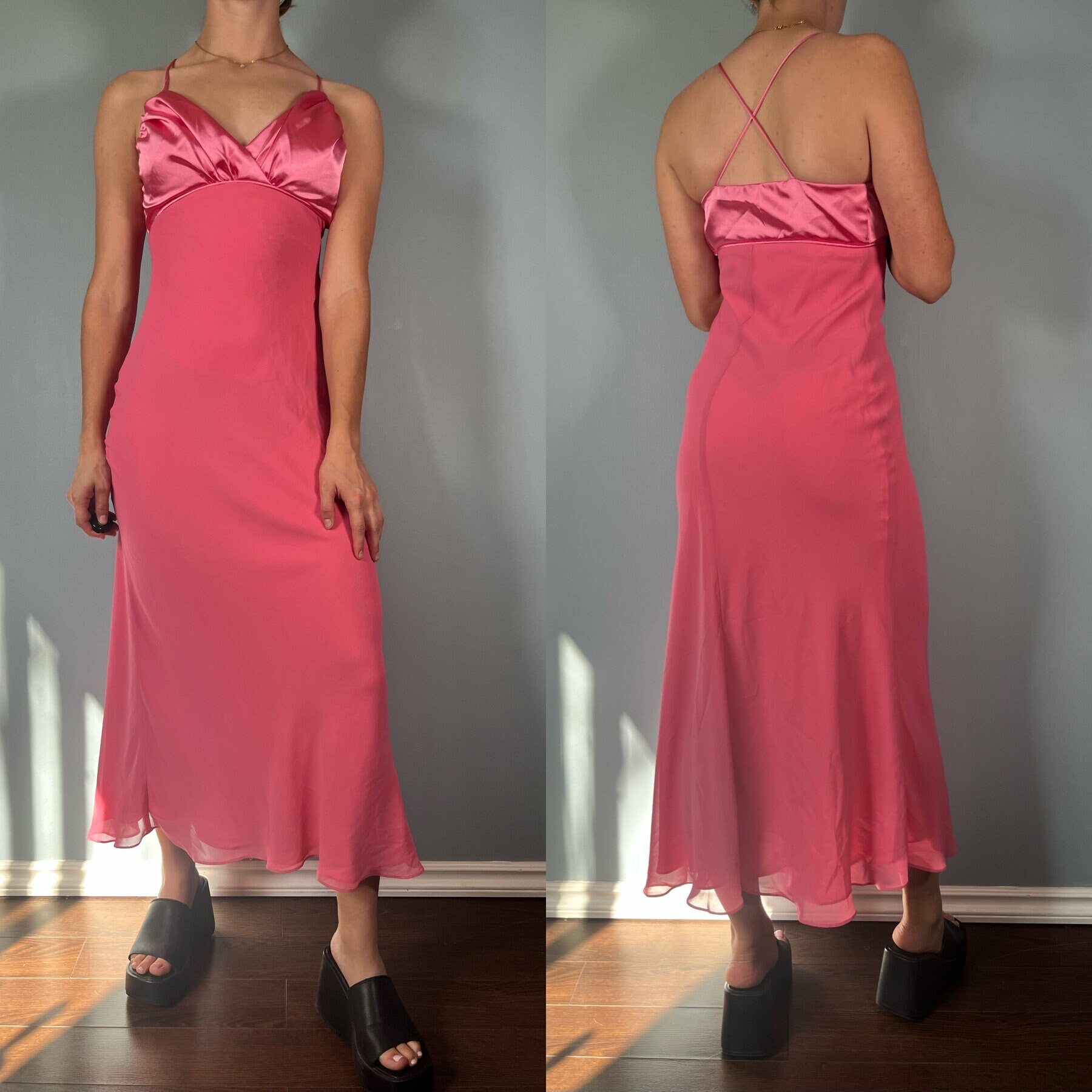 Hot Pink Slip Dress, Silk Maxi Dress, Tied Back Slip Dress, Pink Flared  Dress, Dress With Side Slit, Backless Slip Dress, Silk Flowy Dress 