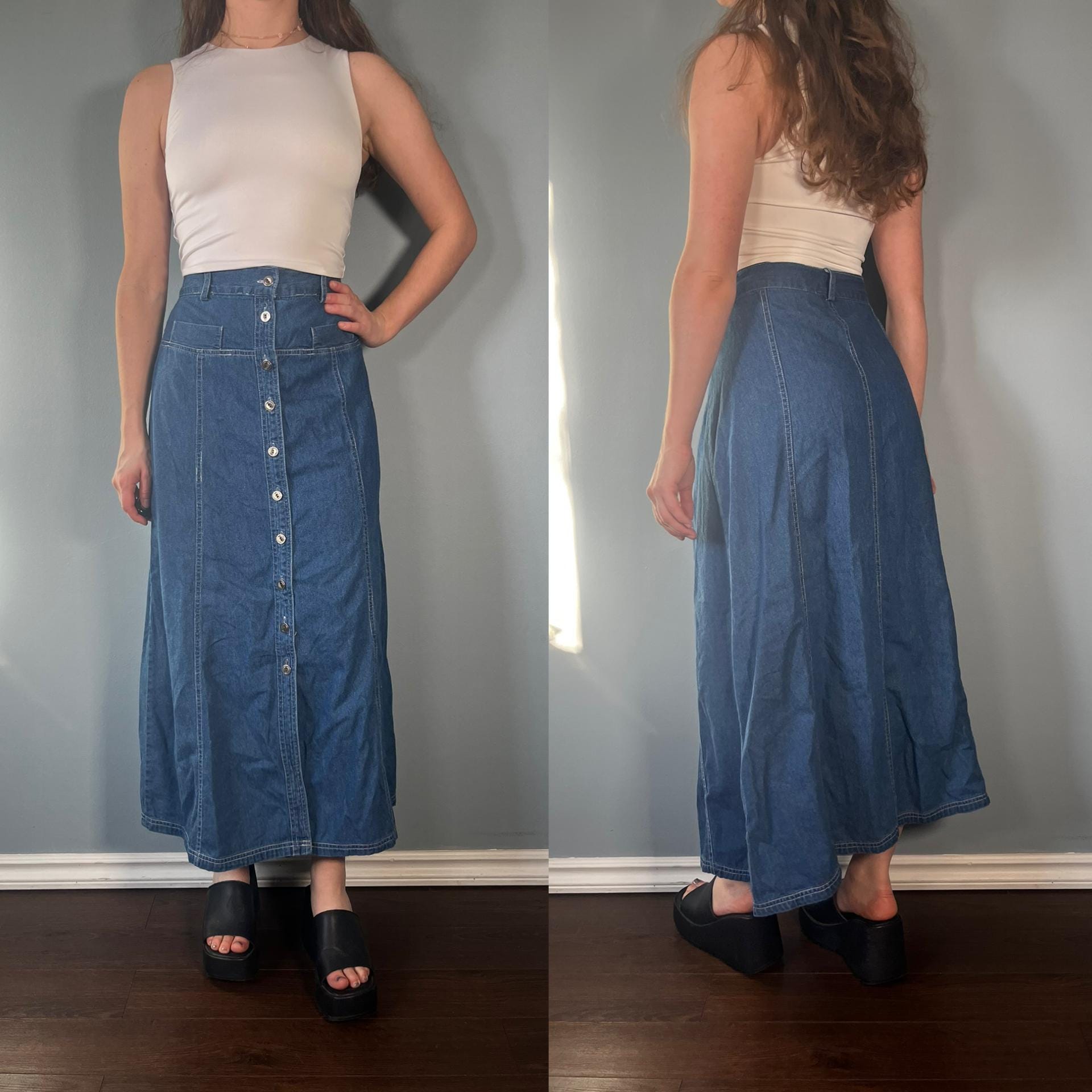 mid length denim skirts 90s