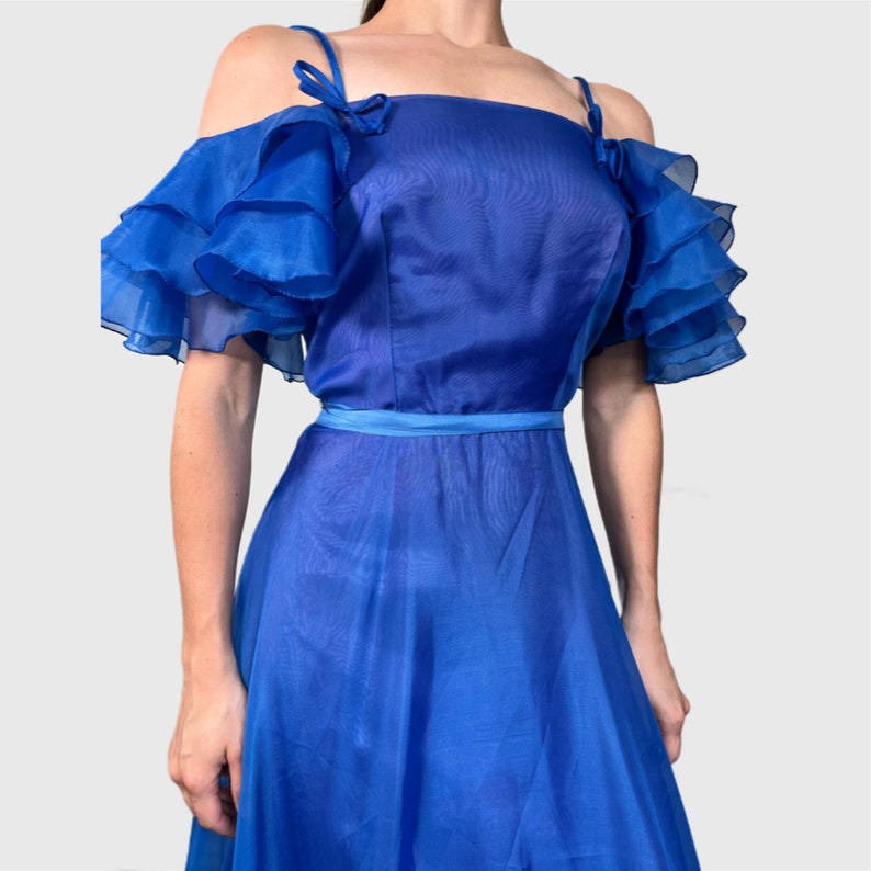 Vintage 70s Prom Dress, 1970s Blue Ruffle Formal Gown zdjęcie 2