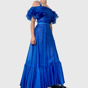 robe de bal vintage des années 70, robe formelle à volants bleu des années 1970 image 6