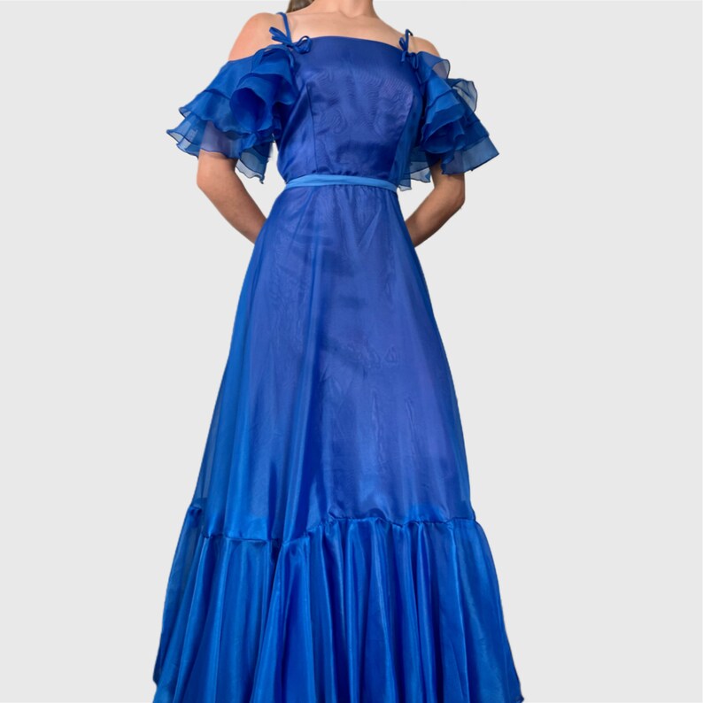 Vintage 70s Prom Dress, 1970s Blue Ruffle Formal Gown zdjęcie 5