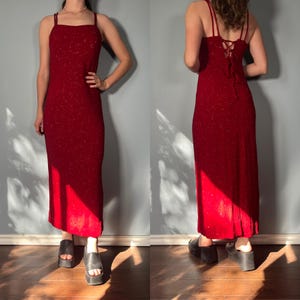 Vintage 90s Prom Dress, 1990s Red Sparkly Slip Corset Glam Formal Dress