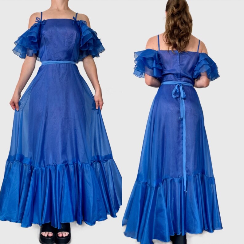 Vintage 70s Prom Dress, 1970s Blue Ruffle Formal Gown zdjęcie 1