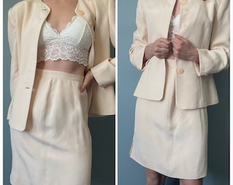 Vintage 90s Cream Skirt Suit, Small Pantsuit, 1990s Silk Skirtsuit