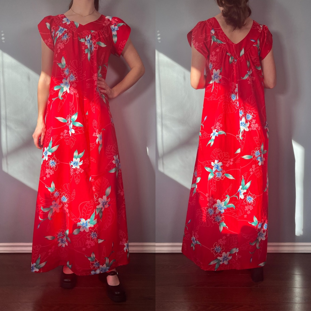 Vintage 60s Hawaiian Dress, 1960s Red Floral Maxi Dress - Etsy