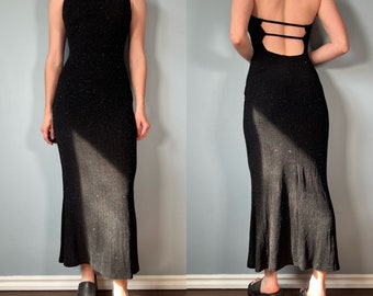 Vintage 90s Black Dress, 1990s Sparkly Slip Maxi Halter Dress