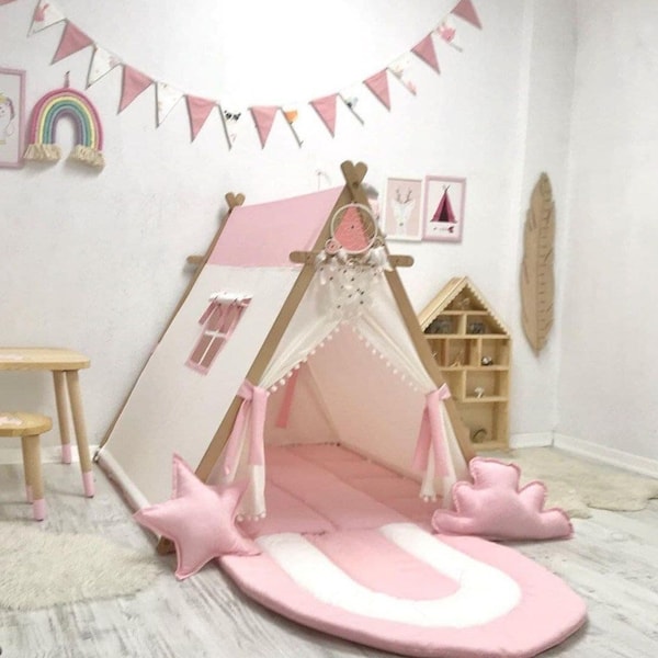 Play Teepee Tent Pink and White, Playhouse Tent for Kids, Toddler Teepee Tent, Wooden Tent, Playhouse Wooden