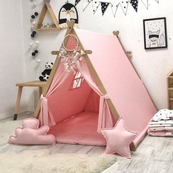 Pink Teepee Tent for Kids, Kids Playhouse Wooden, Toddler Teepee Tent, Kids Play Tent, Boho Bed Tent , Teepees Mat