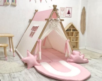 Play Teepee Tent Pink and White, Playhouse Tent for Kids, Toddler Teepee Tent, Wooden Tent, Playhouse Wooden