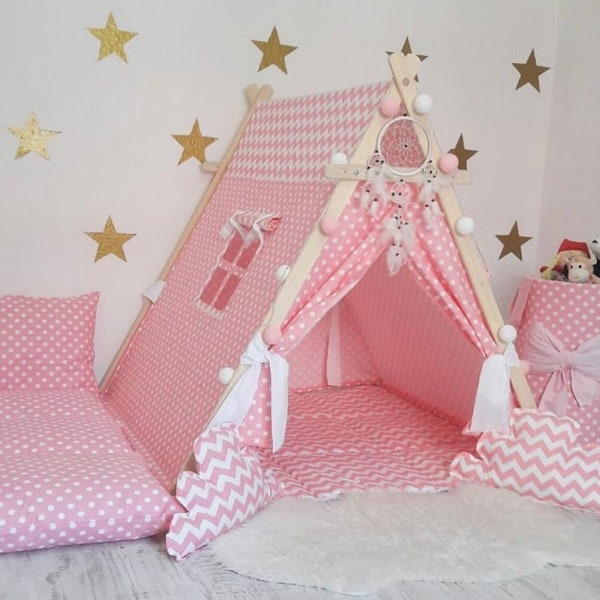 Kid Play tent | Pink with White Point and Waves pattern | Size (LxWxH): 108x105x108 cm (42.5"x42.5"x41.3")