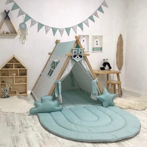 Kids Play Tent for Toddler Birthday, Indoor Outdoor Play Area, Reading Corner, Blue Grey Teepee with Star Pattern, 1st Birthay Baby Gift