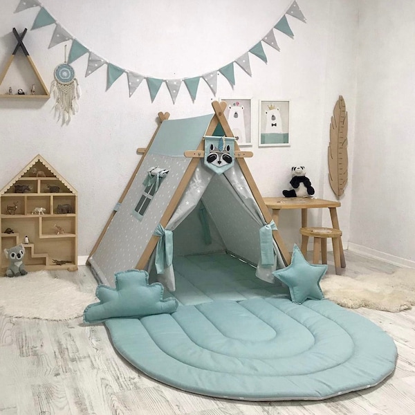 Kid Play tent | Cyan and Grey with Starry pattern | Size (LxWxH): 108x105x108 cm (42.5"x42.5"x41.3")