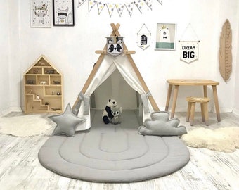 Kids Play Tent, Playhouse Wooden, Kids Teepee Tent, Indoor Kids Tent Playhouse, Large Bed Tent for Toddler, Teepees Mat