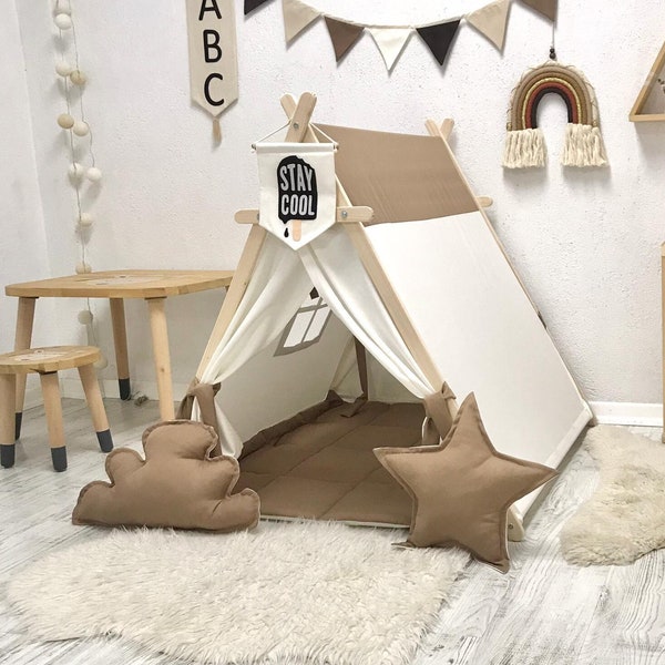 White and Brown Wooden Tent, Playhouse for Kids, House Toddler Teepee Tent, Indoor Kids Tent Playhouse, Play Tipi Tent