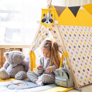 Raccoon Teepee Tent for Toddlers – Indoor Canvas Play Tent, Birthday Milestone Gift for Kids Boy or Girl, Preschool Play Ground