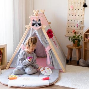 Kids Teepee Tent – Pink and Gray Play Tent with Stars – Handmade Indoor Tent with Mat – Gift Idea for Girls – Playhouse for Toddlers