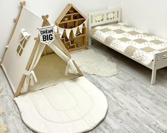 SALE Volles Set weißes Leinenkinderspielzelt mit Patchworkdecke, Kinder Indoor-Spielhaus, Kinderbett Tipi-Zelt, Tipi-Zelt, Kinder-Tipi