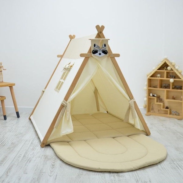 Gold and White Teepee Tent for Kids, Kids Playhouse Wooden, Boho Baby Tent, Indoor Kids Tent, Play Tipi Tent