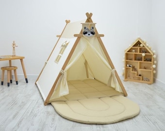 Gold and White Teepee Tent for Kids, Kids Playhouse Wooden, Boho Baby Tent, Indoor Kids Tent, Play Tipi Tent