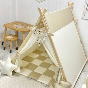 Kids Play Tent – Beige White Indoor Teepee Tent for Girls & Boys | Foldable Canvas Playhouse for Toddlers | Montessori Toy