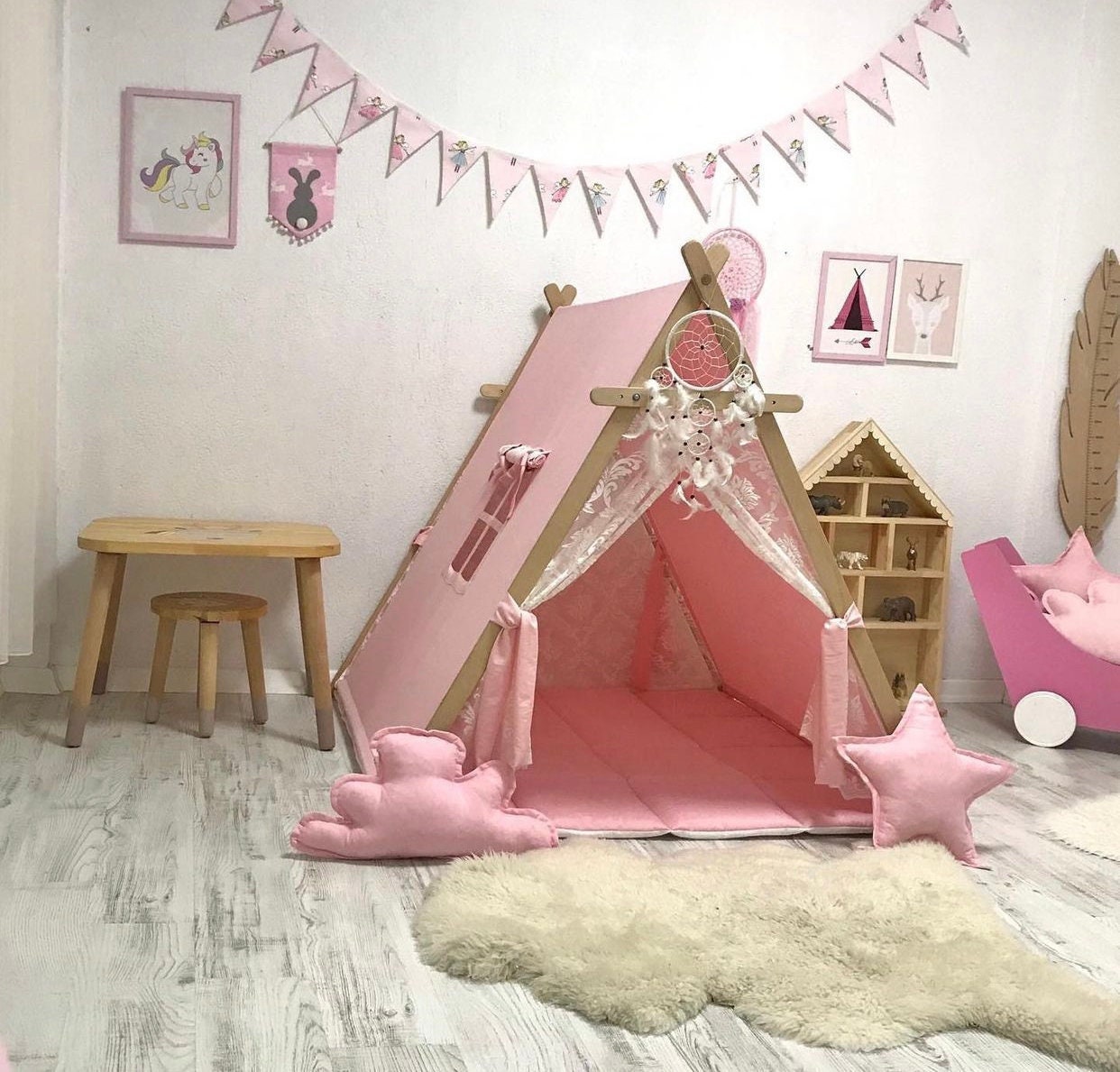 Large Toddler Girls Playtent, Lace Boho Chic Kids Tent, Pink