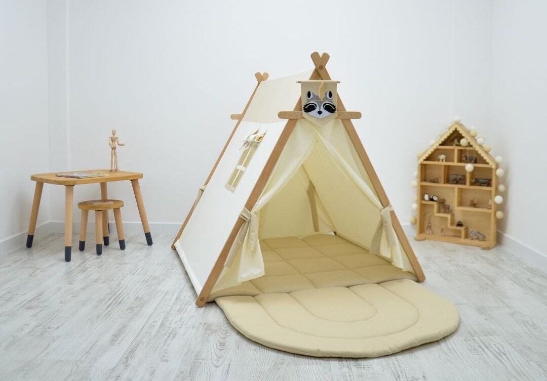 Gold and White Teepee Tent for Kids, Kids Playhouse Wooden, Boho Baby